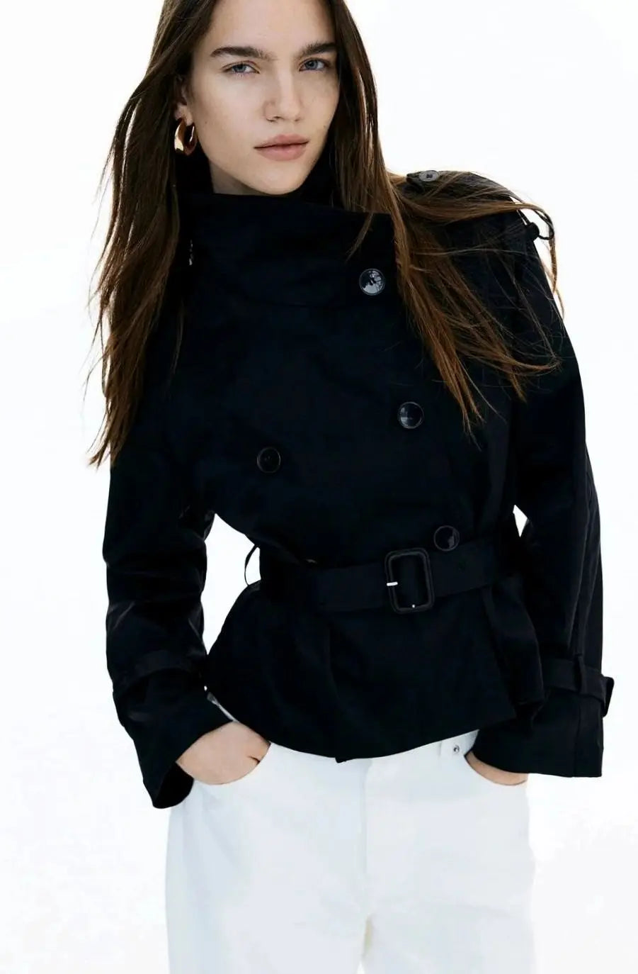 Women's Cropped Trench Coat Stand-Up Collar Belted Jacket - Black