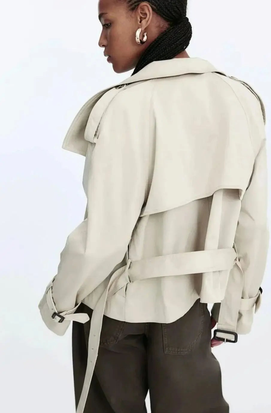Women's Cropped Trench Coat Stand-Up Collar Belted Jacket
