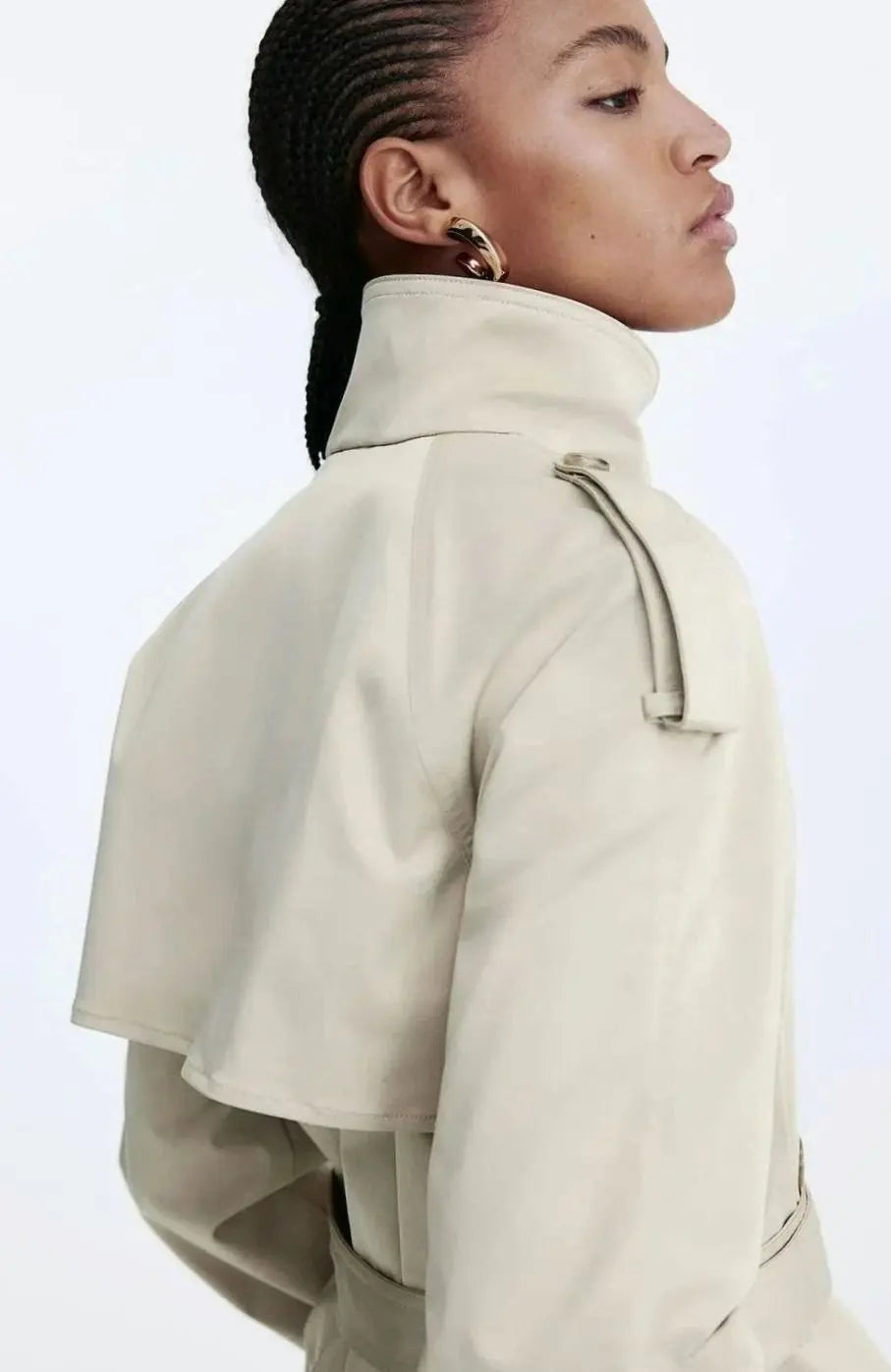 Women's Cropped Trench Coat Stand-Up Collar Belted Jacket