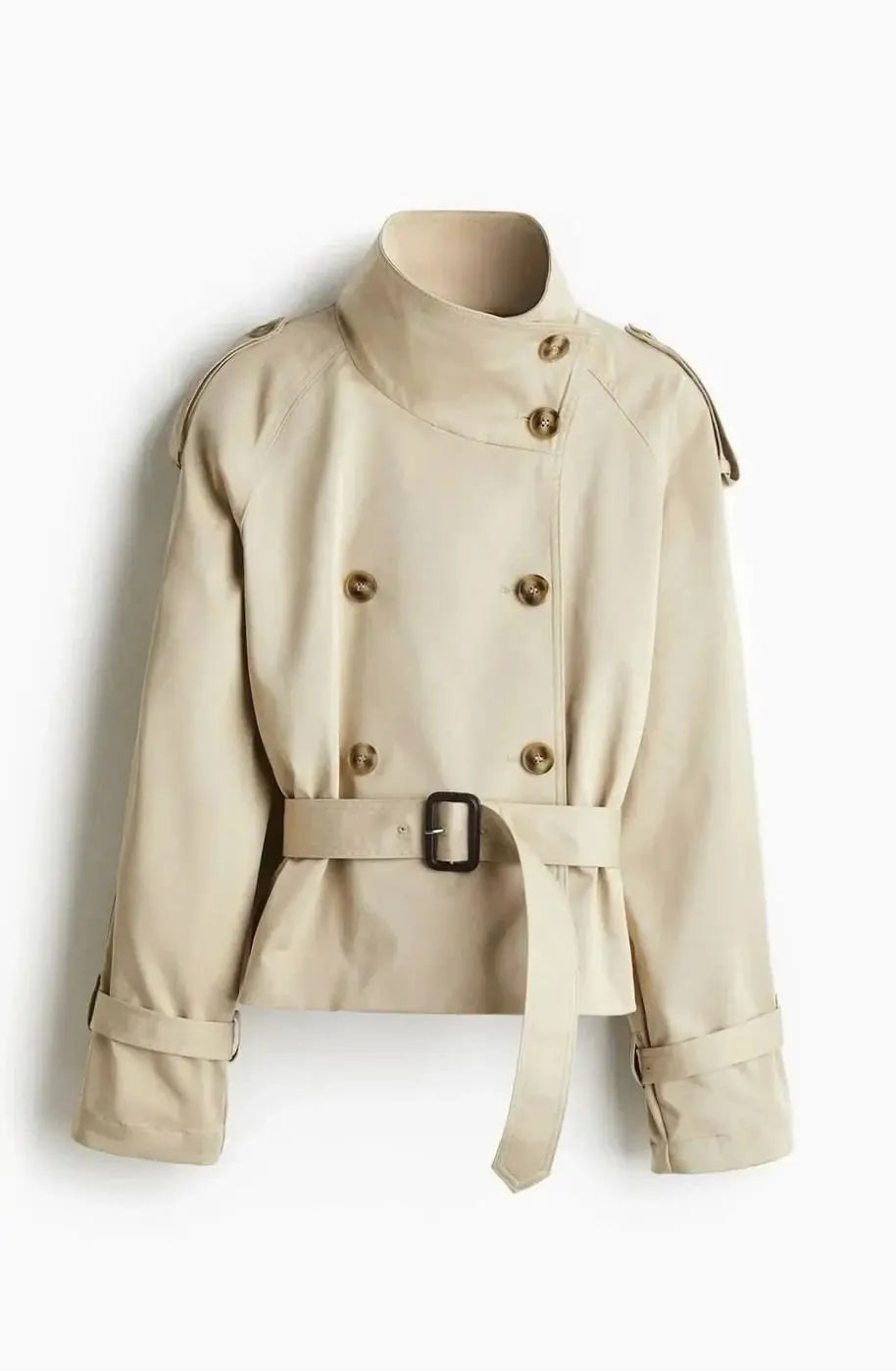 Women's Cropped Trench Coat Stand-Up Collar Belted Jacket