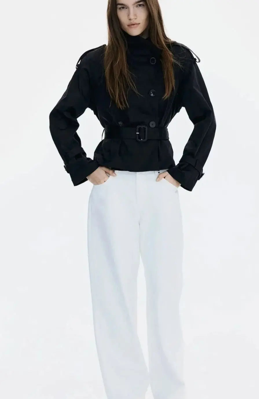 Women's Cropped Trench Coat Stand-Up Collar Belted Jacket