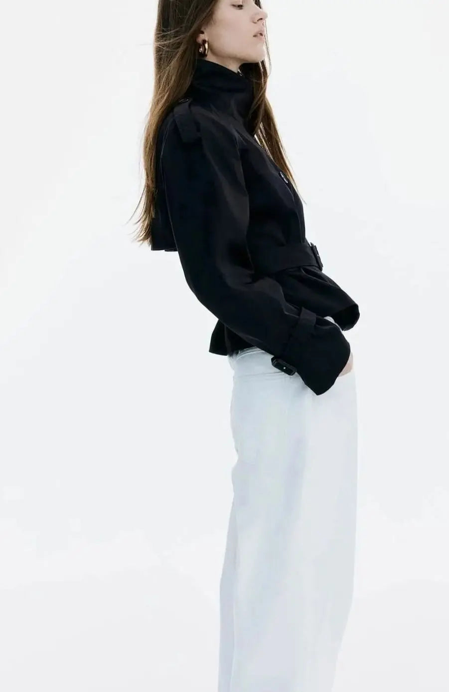 Women's Cropped Trench Coat Stand-Up Collar Belted Jacket