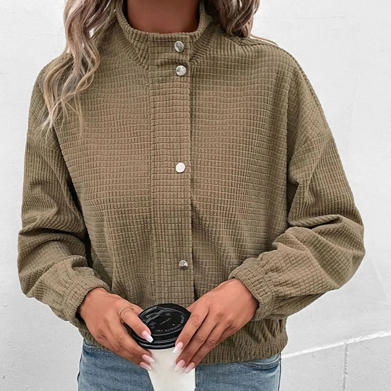 Women's Cropped Waffle-Texture Button-Up Bomber Jacket