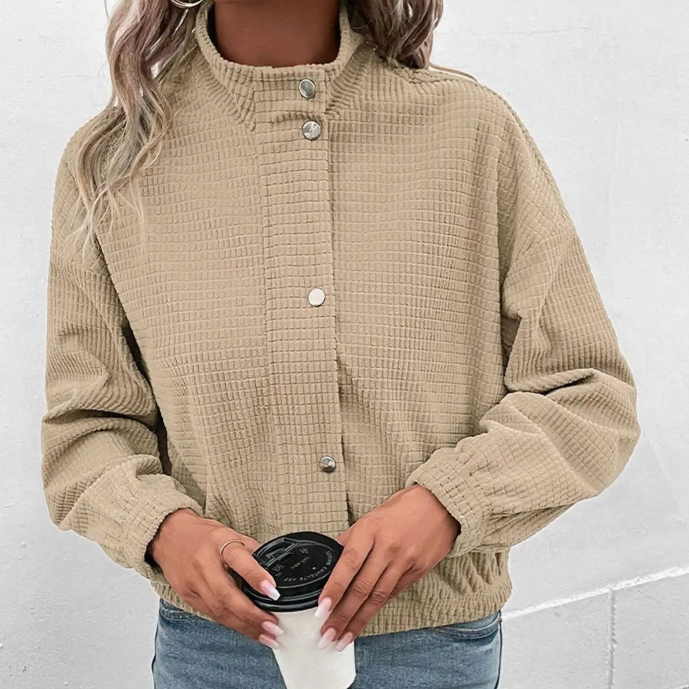 Women's Cropped Waffle-Texture Button-Up Bomber Jacket
