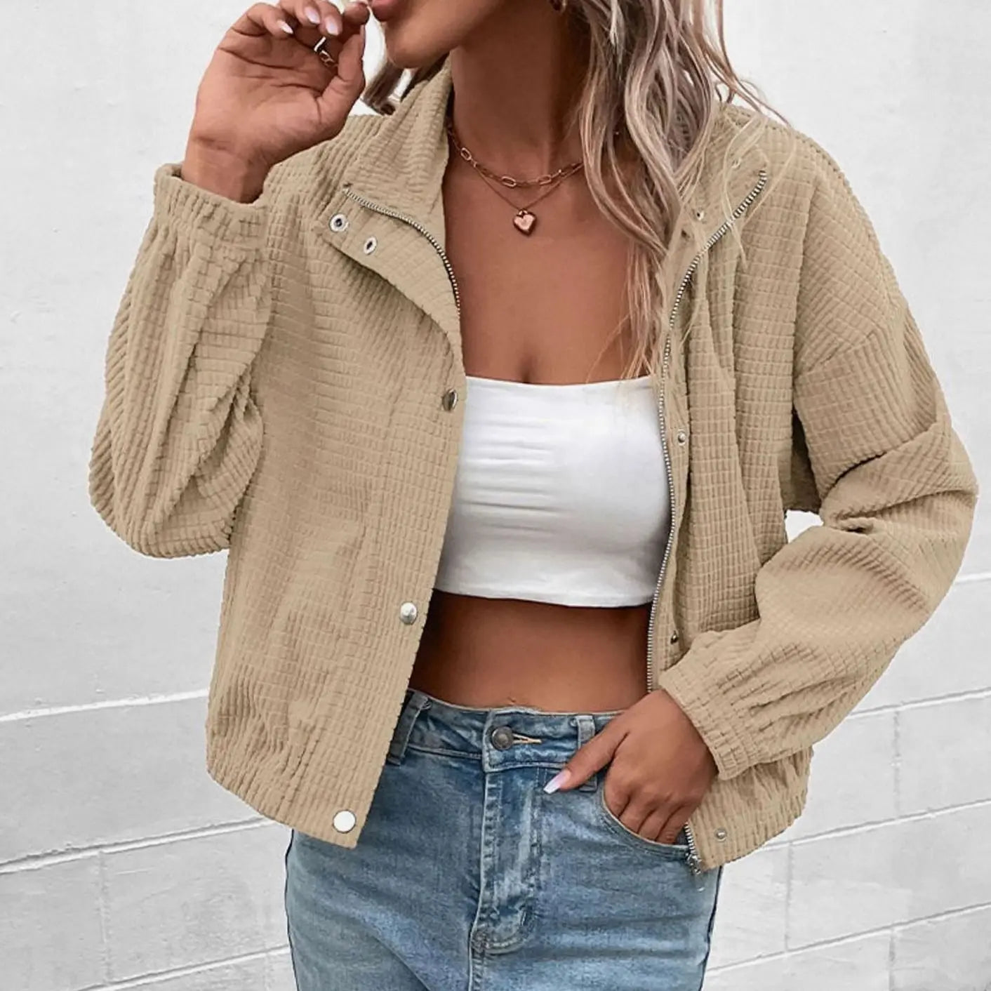 Women's Cropped Waffle-Texture Button-Up Bomber Jacket