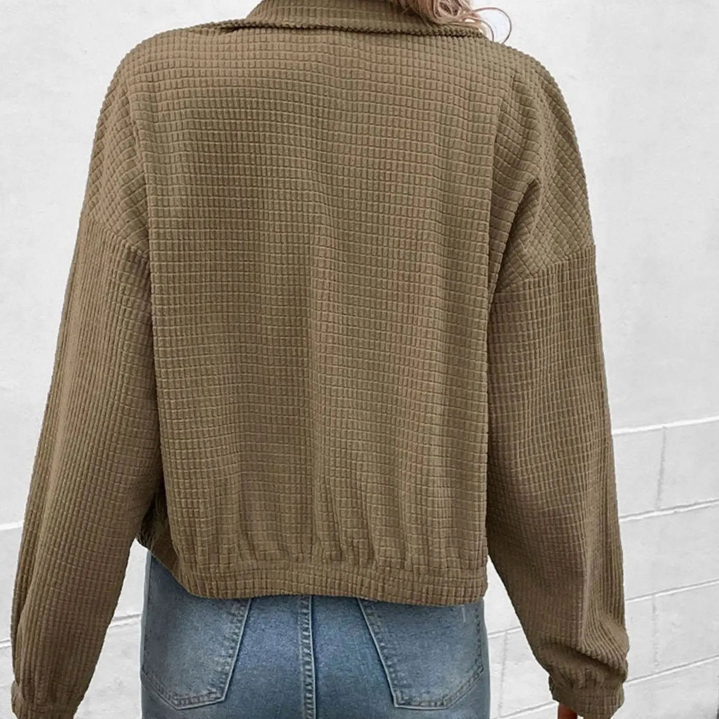 Women's Cropped Waffle-Texture Button-Up Bomber Jacket