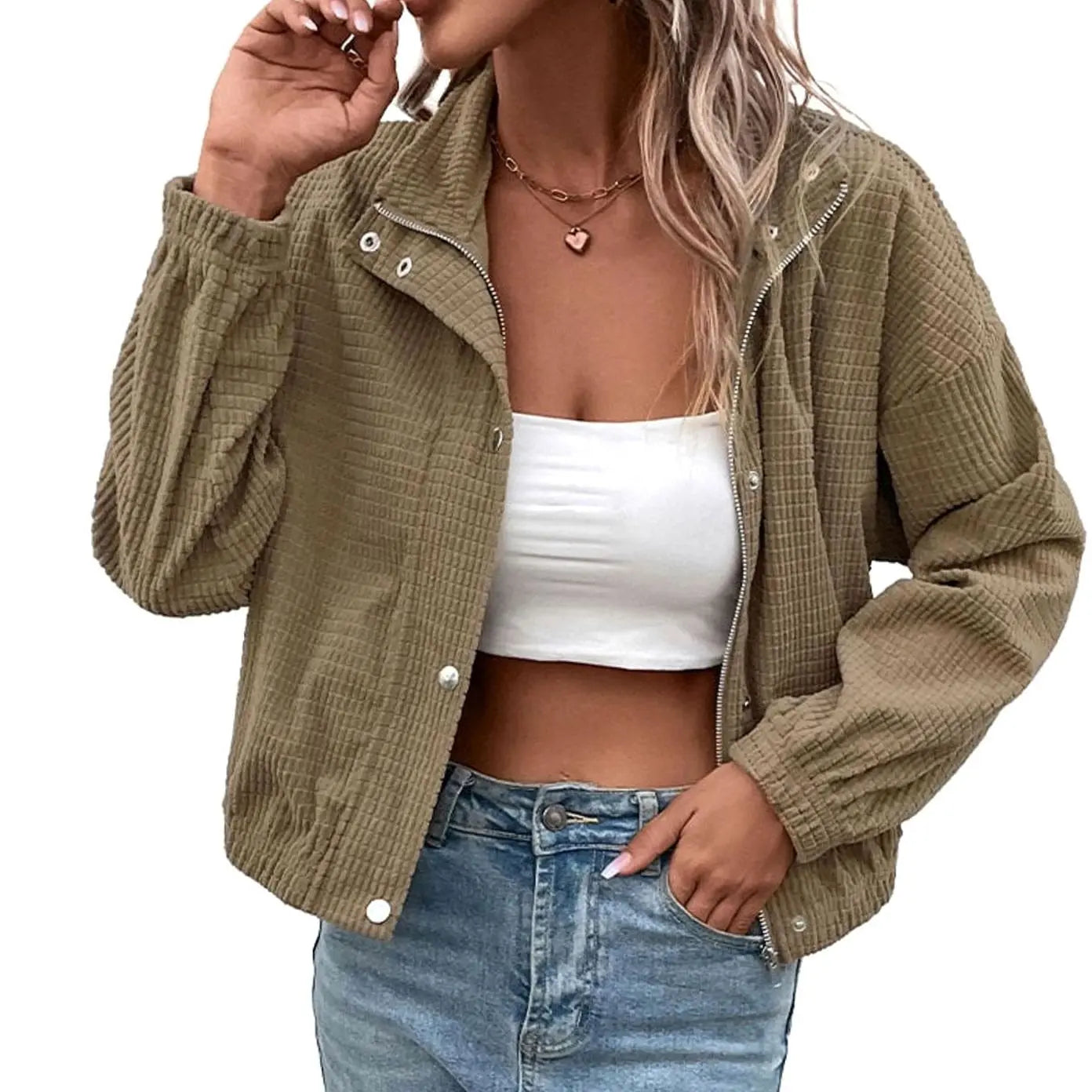 Women's Cropped Waffle-Texture Button-Up Bomber Jacket