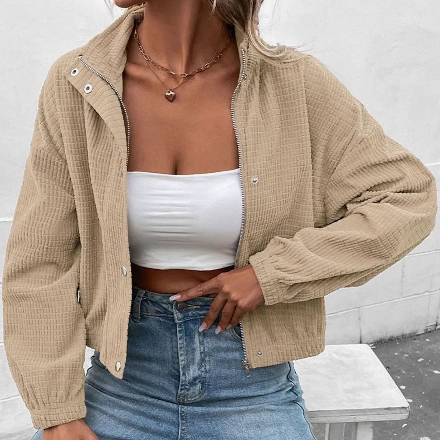 Women's Cropped Waffle-Texture Button-Up Bomber Jacket - Apricot