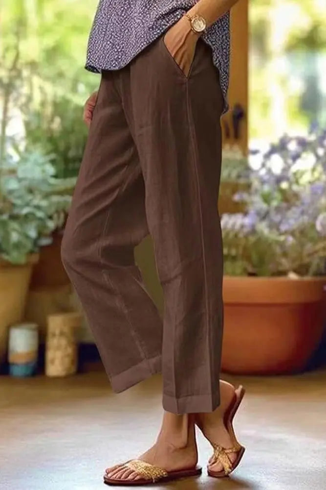 Women's Cropped Wide Leg Trousers Relaxed Fit Summer - Brown