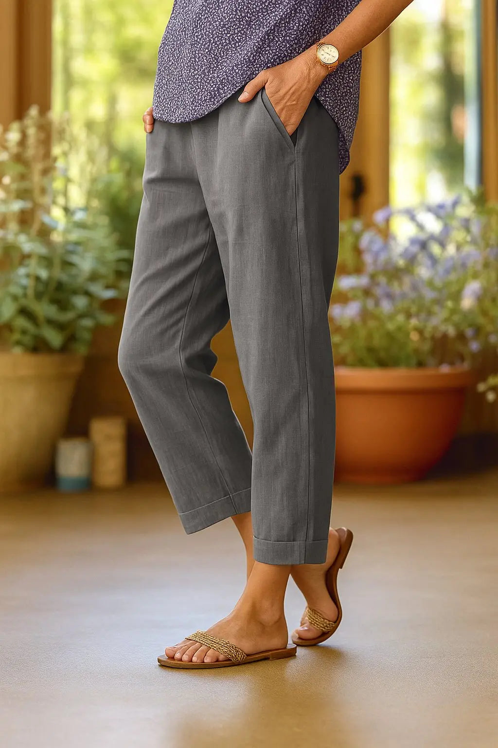 Women's Cropped Wide Leg Trousers Relaxed Fit Summer - Grey