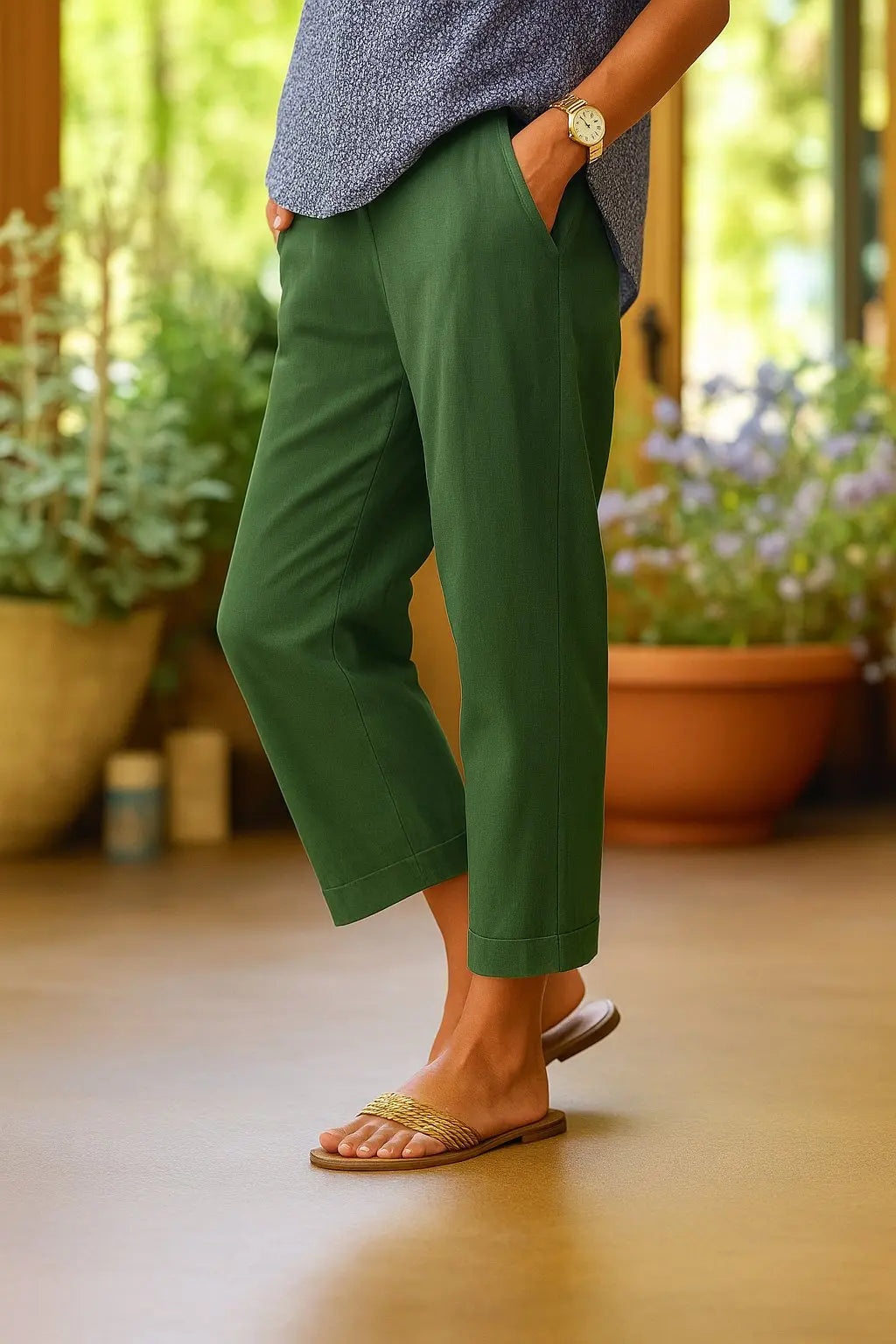Women's Cropped Wide Leg Trousers Relaxed Fit Summer - Green
