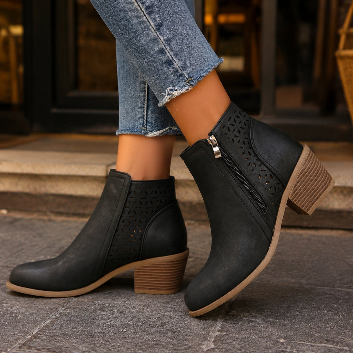 Women's Cutout Floral-Panel Side-Zip Block-Heel Ankle Boots - Black