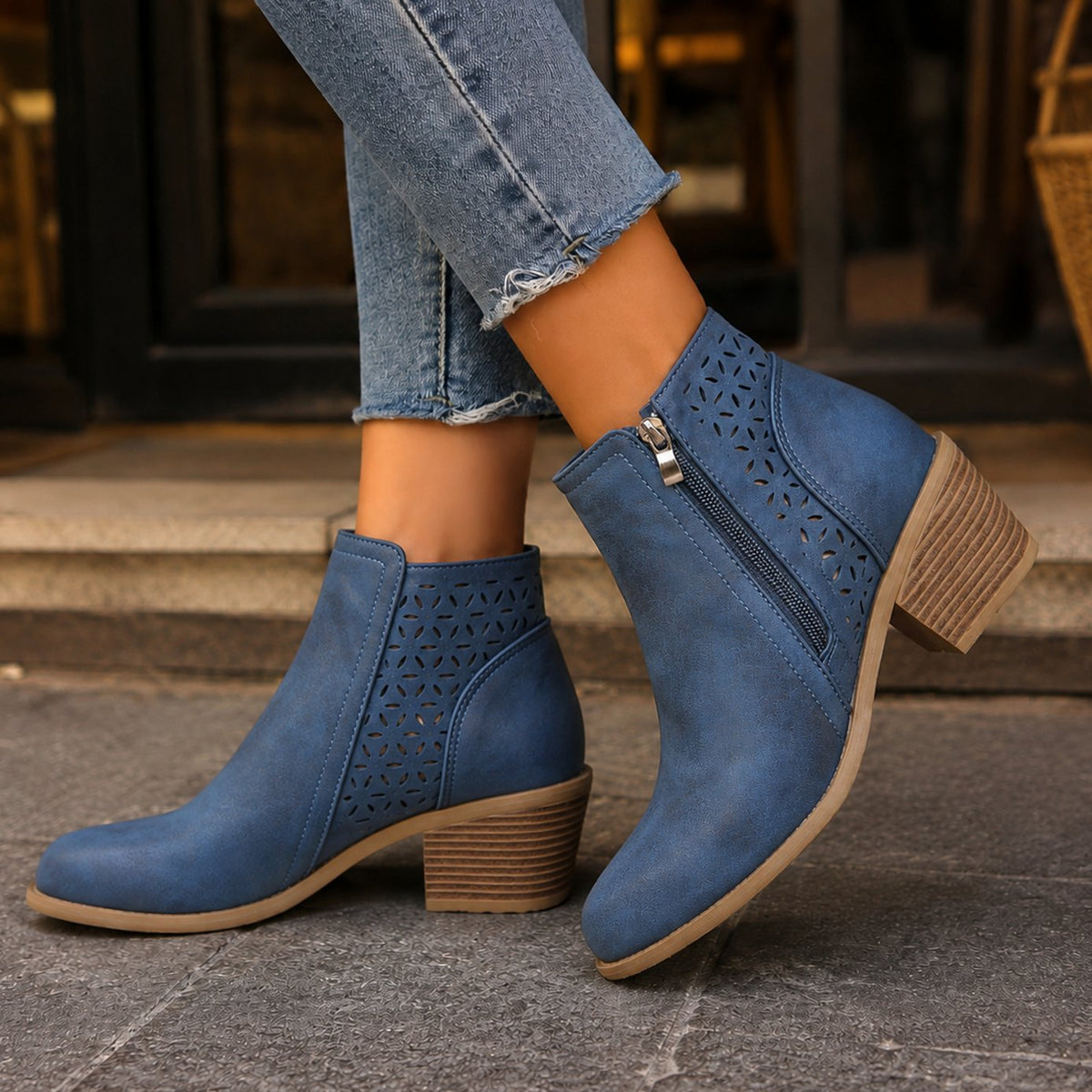 Women's Cutout Floral-Panel Side-Zip Block-Heel Ankle Boots - Blue