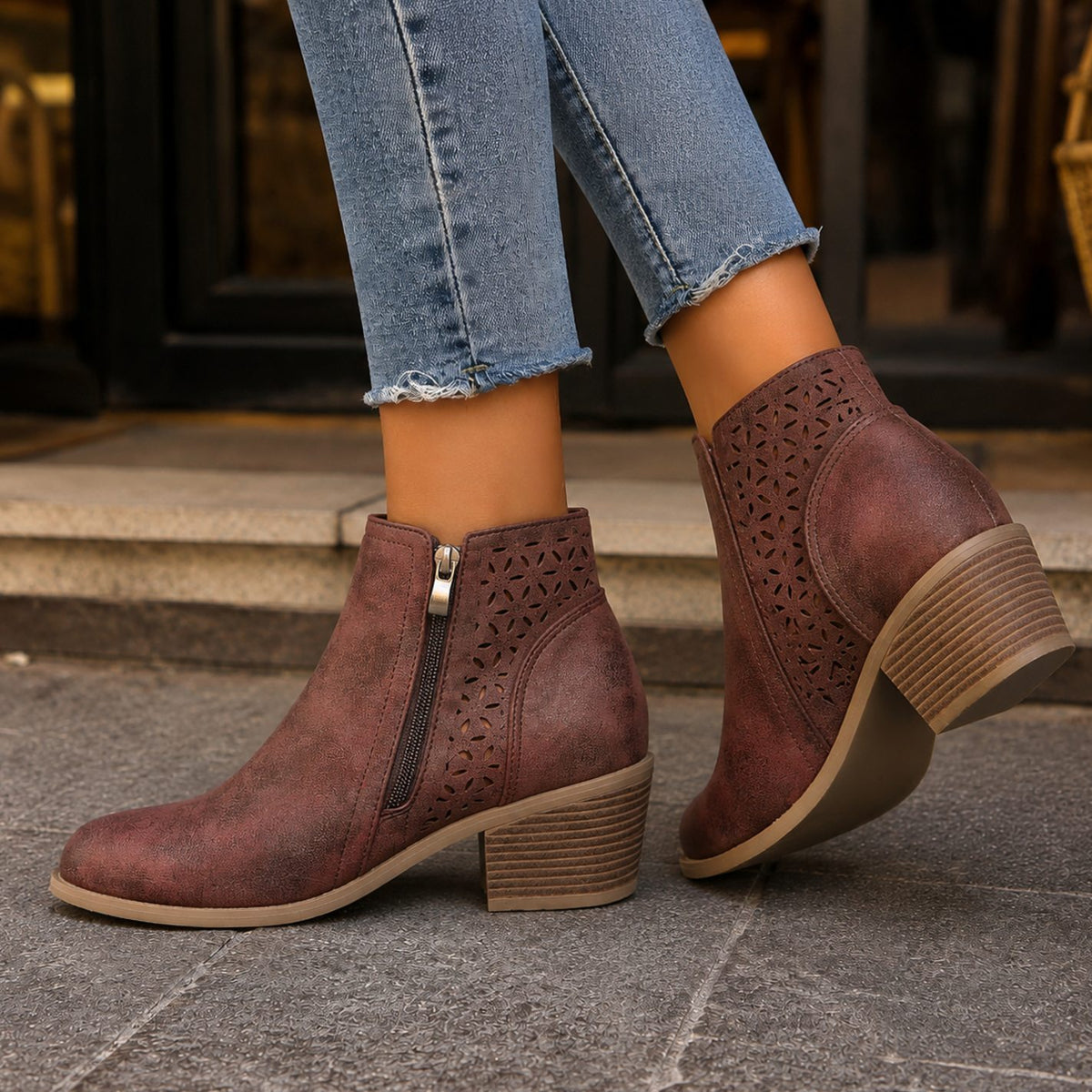 Women's Cutout Floral-Panel Side-Zip Block-Heel Ankle Boots - Maroon