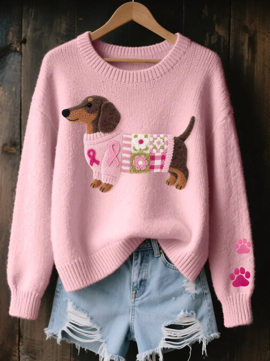 Women's Dachshund Patchwork Floral Knit Sweater Jumper - Pink
