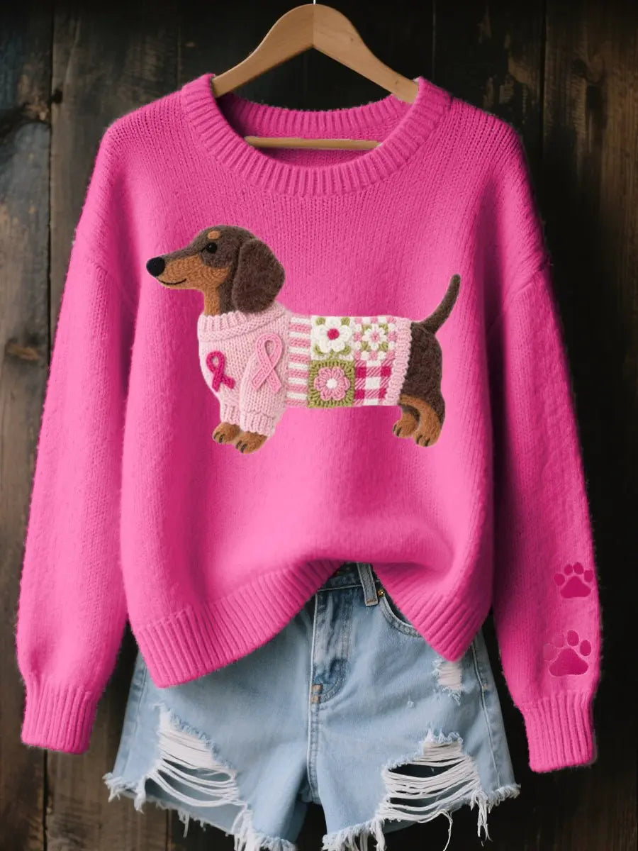 Women's Dachshund Patchwork Floral Knit Sweater Jumper - Dark Pink