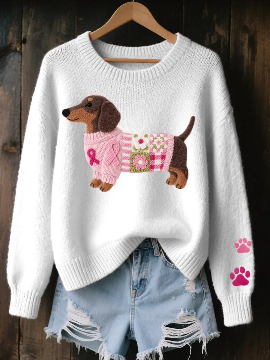Women's Dachshund Patchwork Floral Knit Sweater Jumper - White