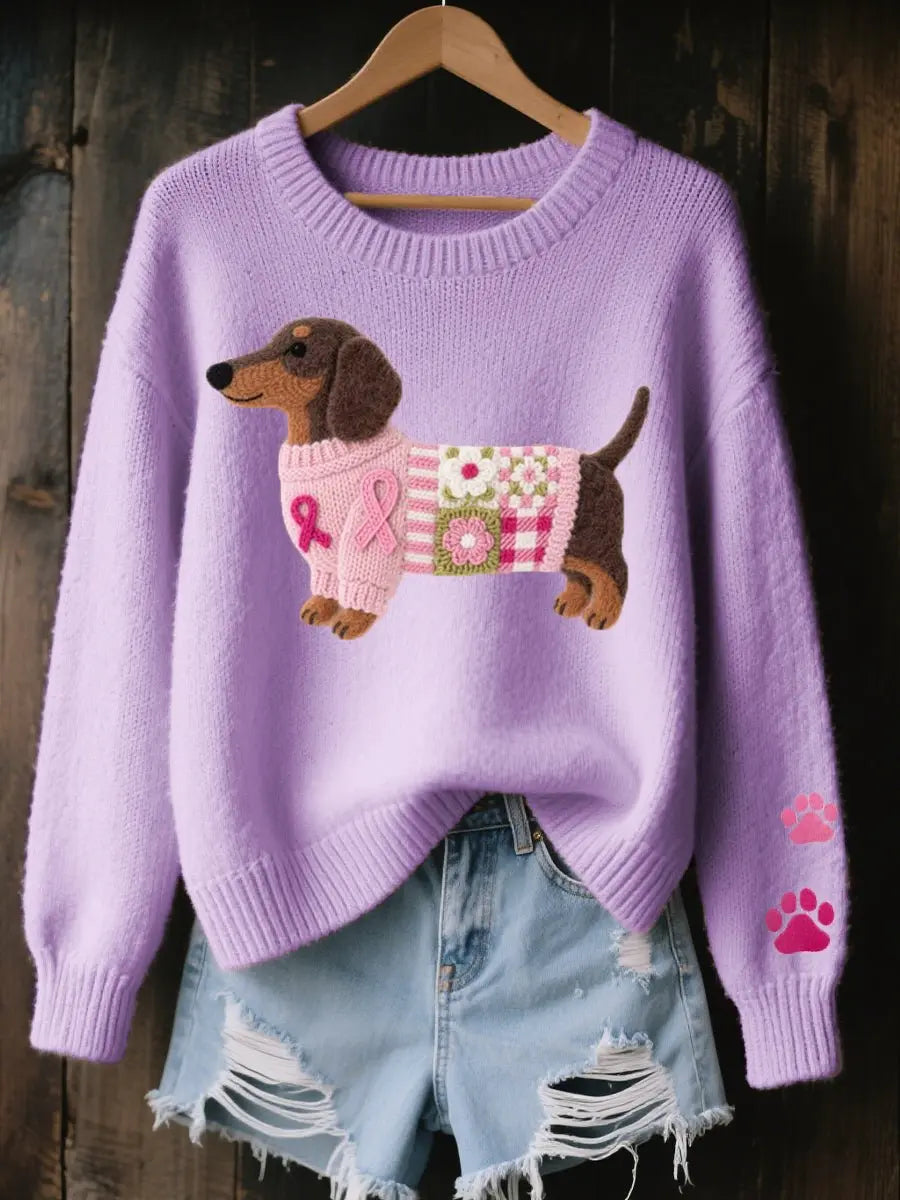 Women's Dachshund Patchwork Floral Knit Sweater Jumper - Purple