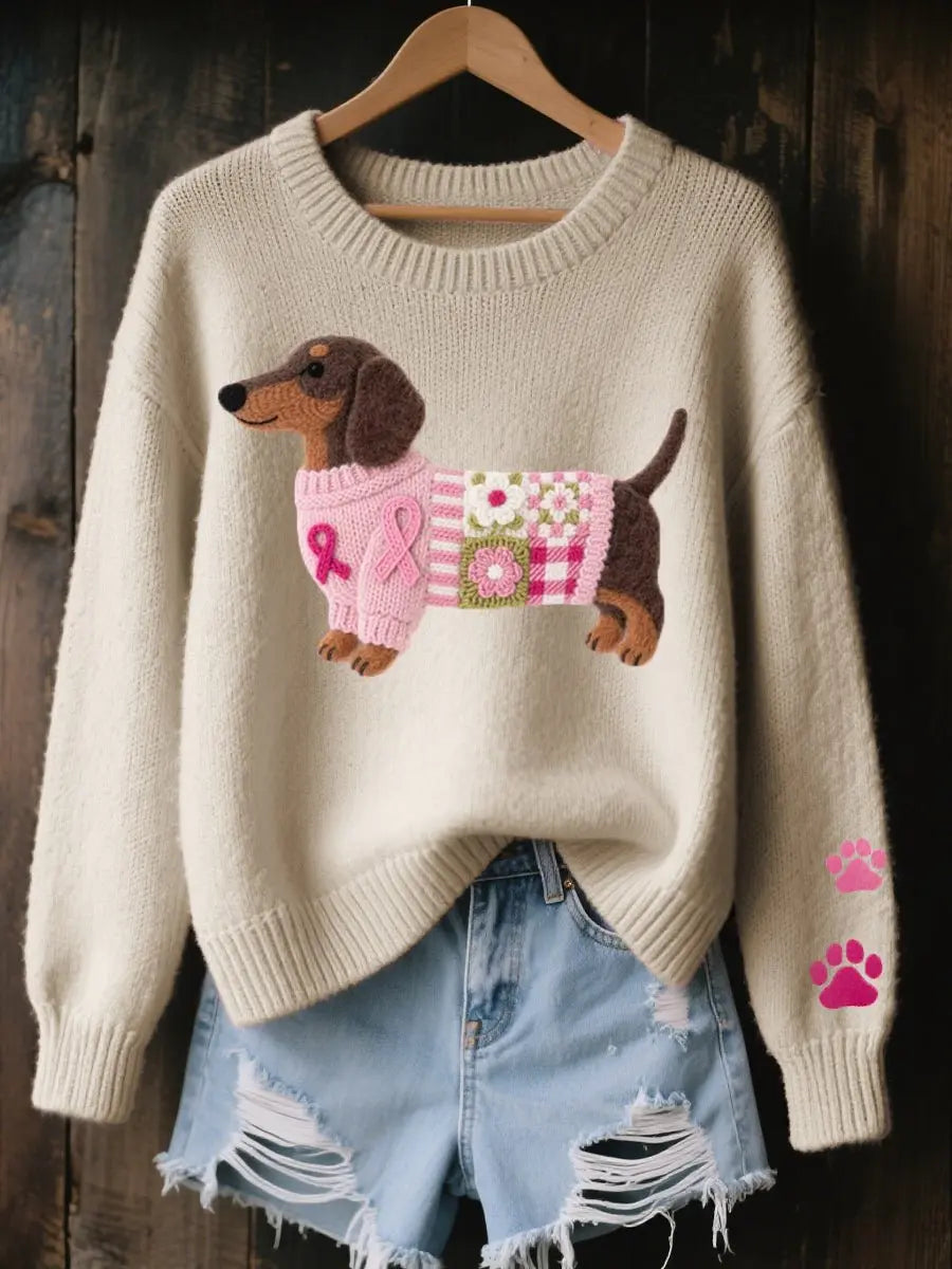 Women's Dachshund Patchwork Floral Knit Sweater Jumper - Beige