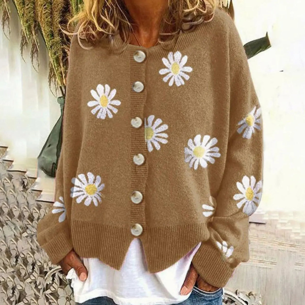 Women's Daisy Print Button-Down Knit Cardigan - Khaki