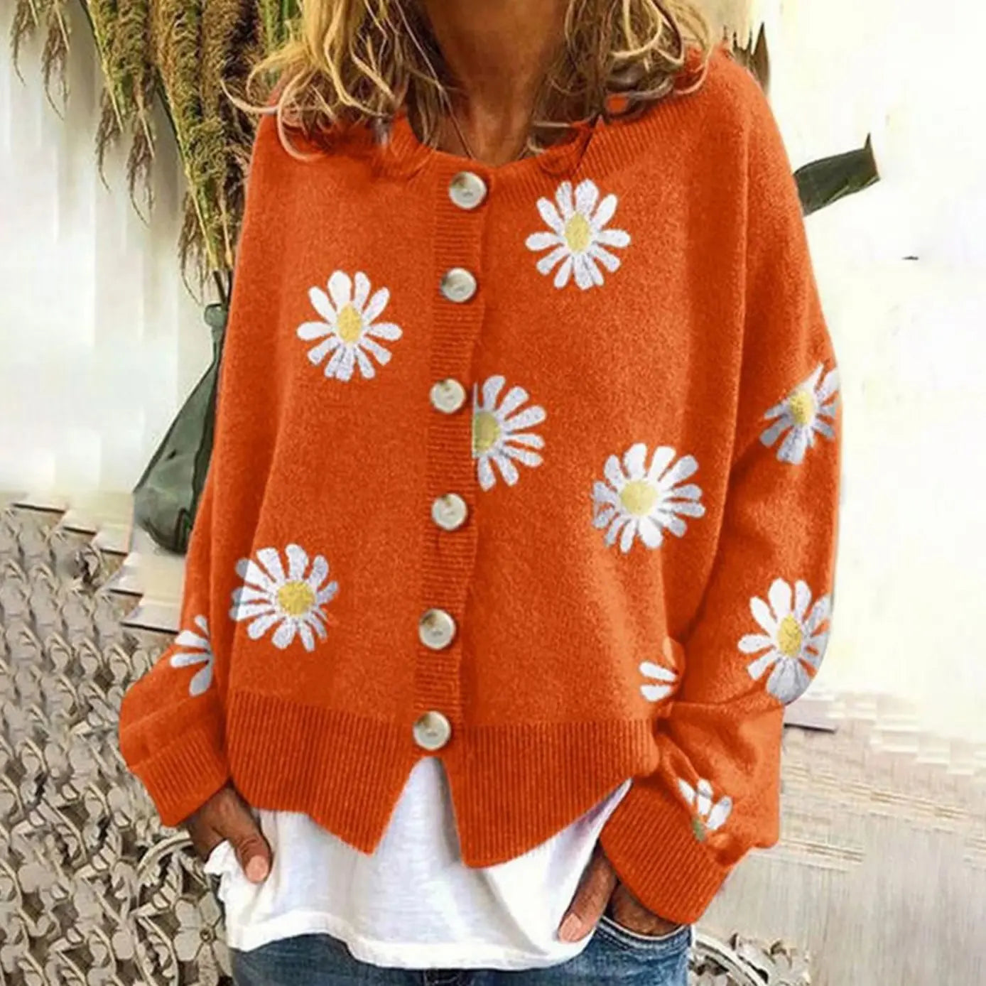 Women's Daisy Print Button-Down Knit Cardigan - Orange