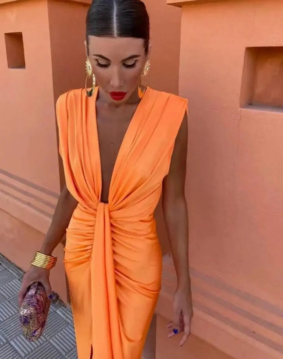 Women's Deep V-Neck Sleeveless Pleated Ruched Midi Dress