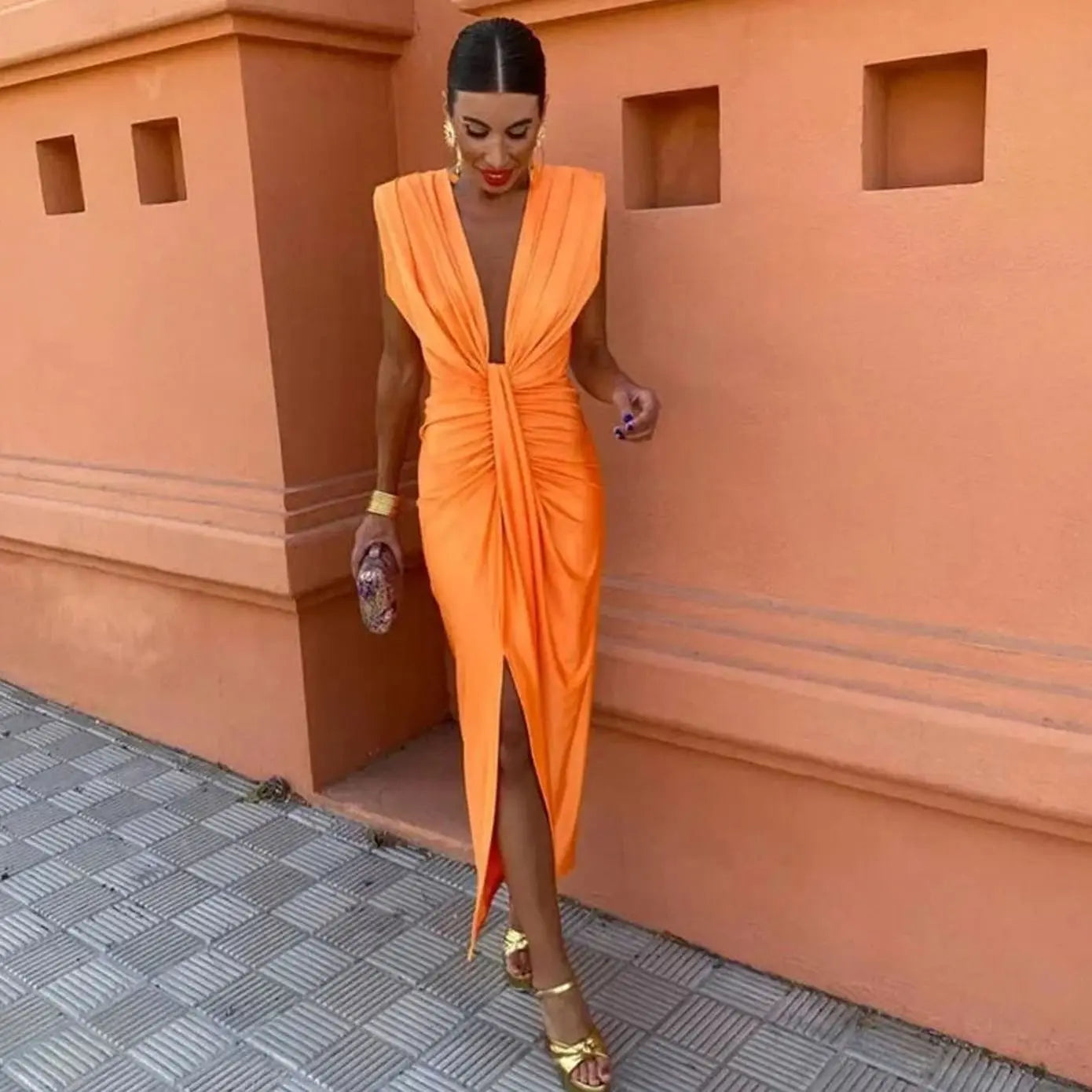 Women's Deep V-Neck Sleeveless Pleated Ruched Midi Dress - Orange