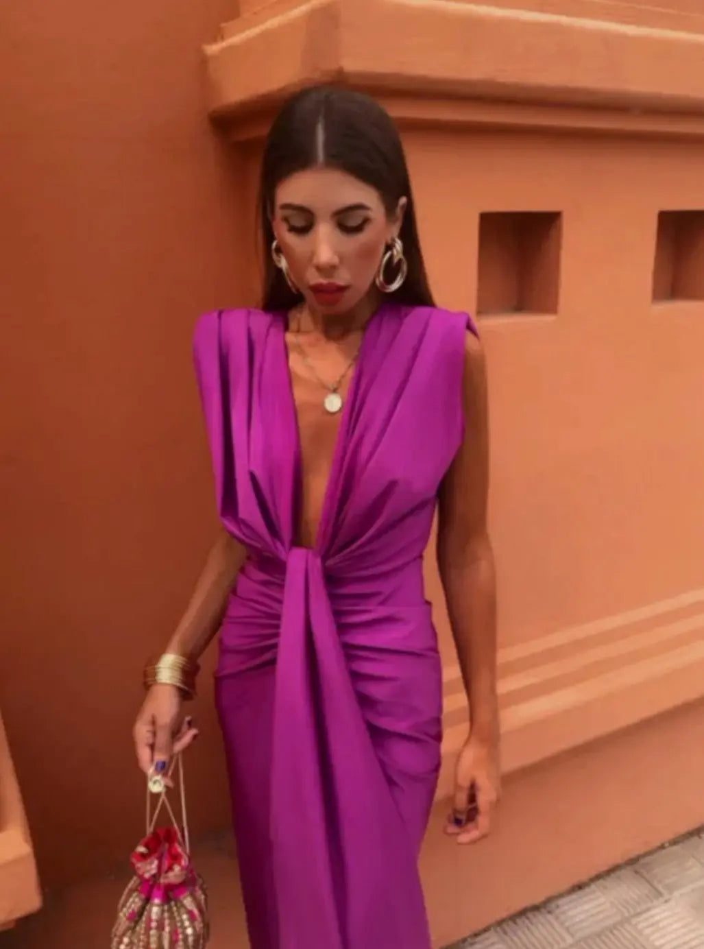 Women's Deep V-Neck Sleeveless Pleated Ruched Midi Dress - Fuchsia