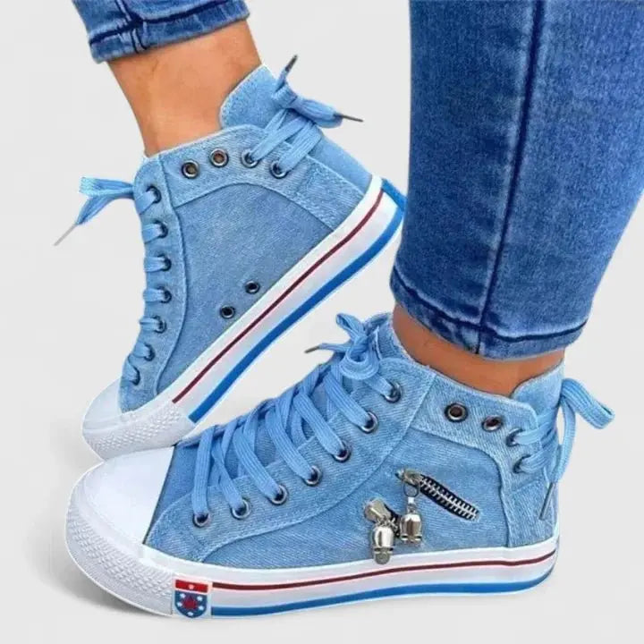 Women's Denim High-Top Trainers Orthopedic Comfort Canvas - Denim Blue