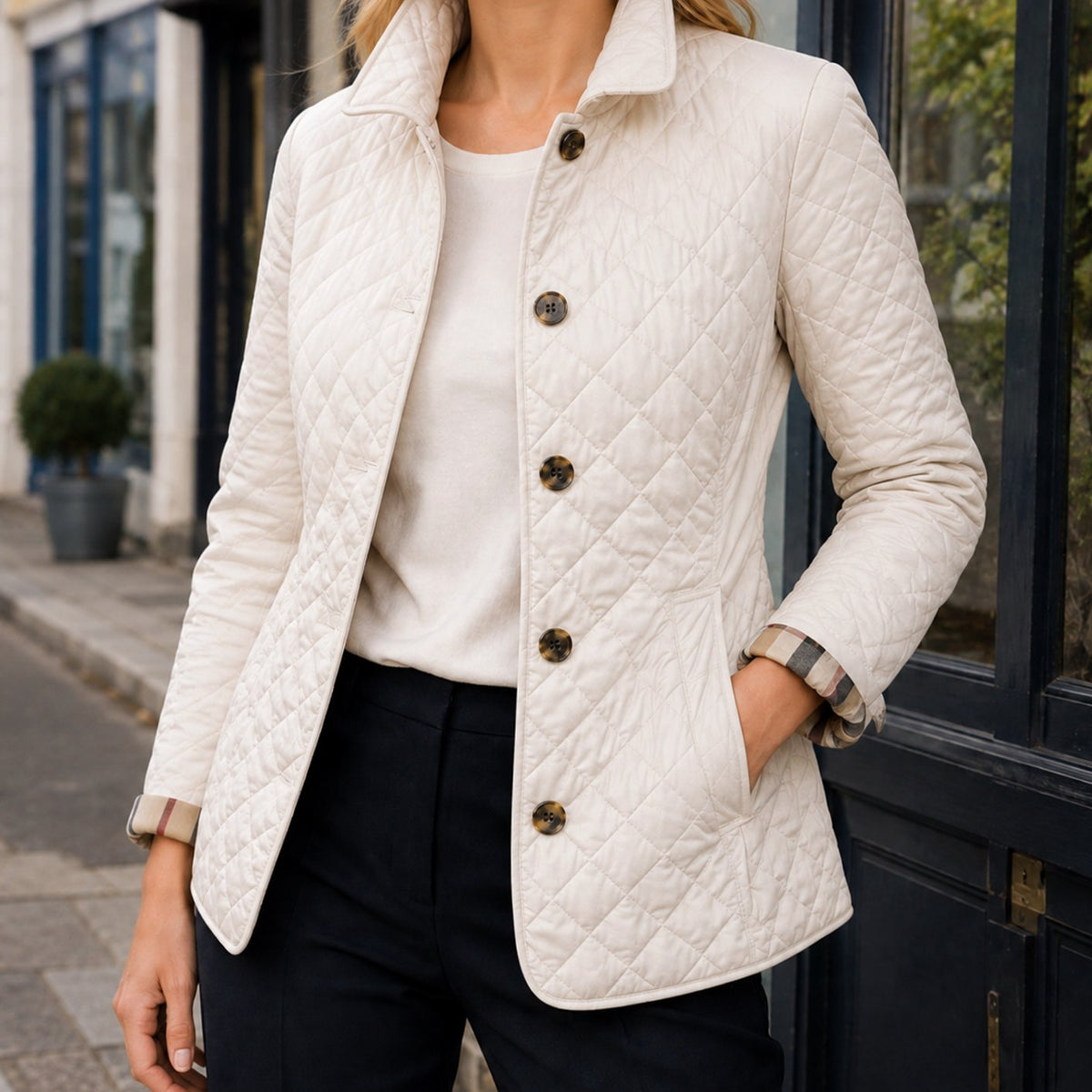 Women's Diamond-Quilted Button-Front Jacket Checked Cuffs - White