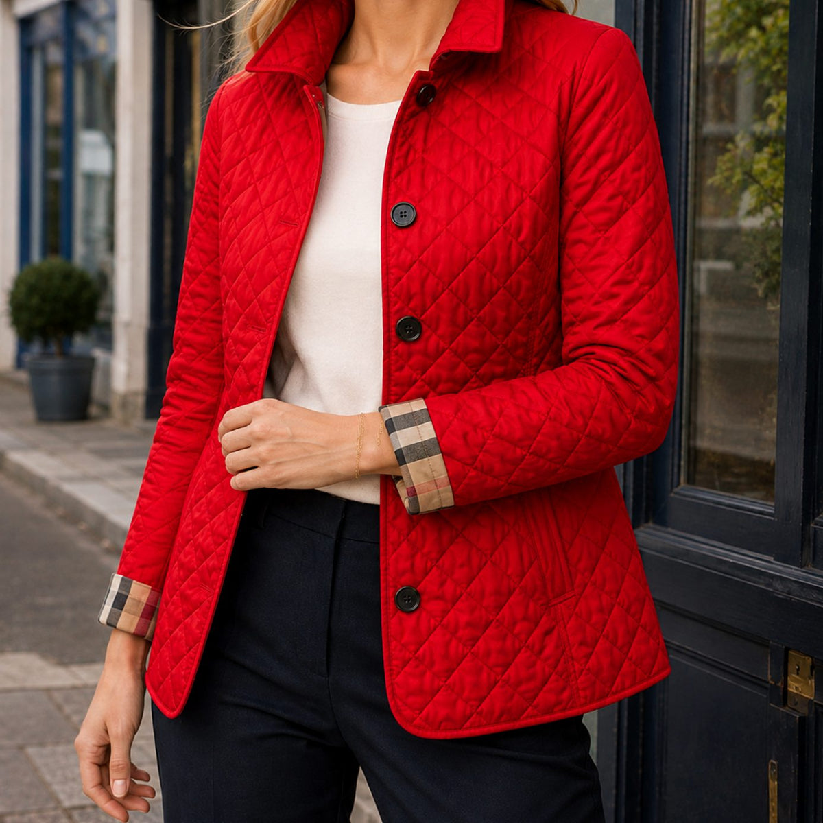 Women's Diamond-Quilted Button-Front Jacket Checked Cuffs - Red