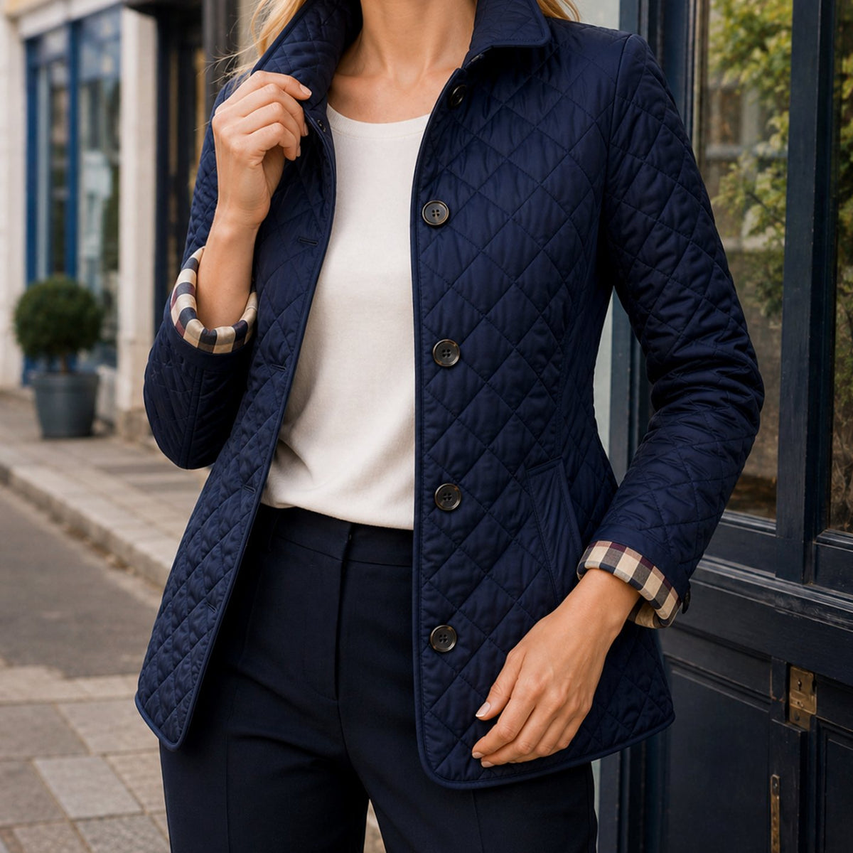 Women's Diamond-Quilted Button-Front Jacket Checked Cuffs - Blue