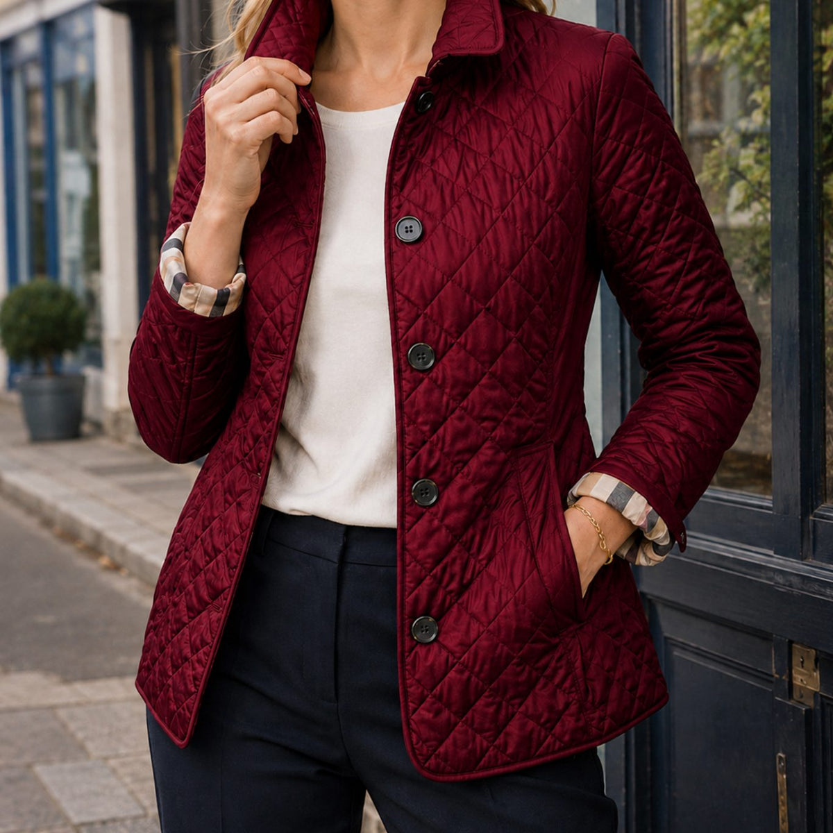 Women's Diamond-Quilted Button-Front Jacket Checked Cuffs - Dark Red