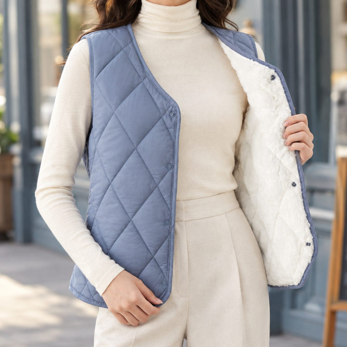 Women's Diamond-Quilted Sherpa-Lined Sleeveless Vest - Sea Blue