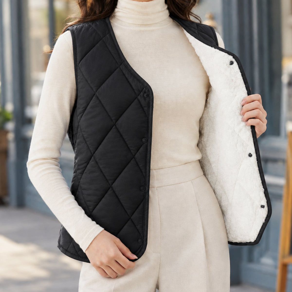 Women's Diamond-Quilted Sherpa-Lined Sleeveless Vest - Black