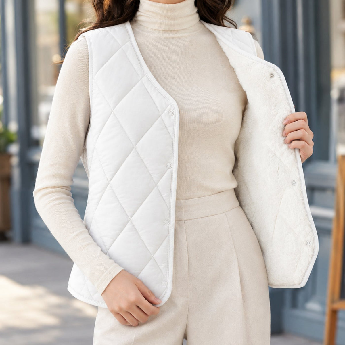 Women's Diamond-Quilted Sherpa-Lined Sleeveless Vest - White