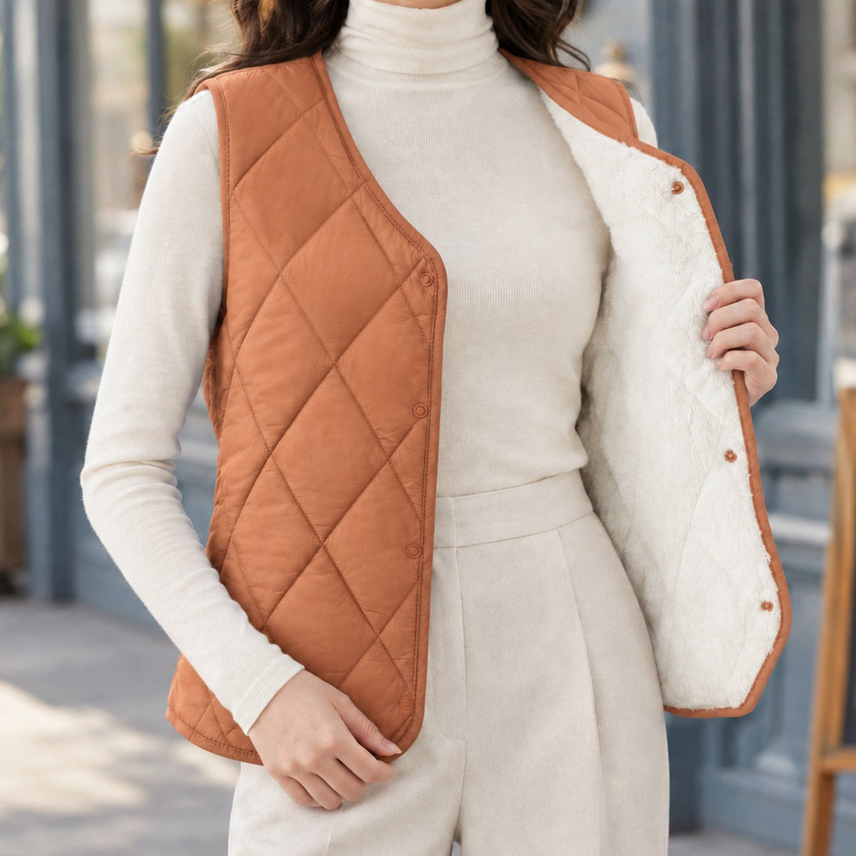 Women's Diamond-Quilted Sherpa-Lined Sleeveless Vest - Rose Gold