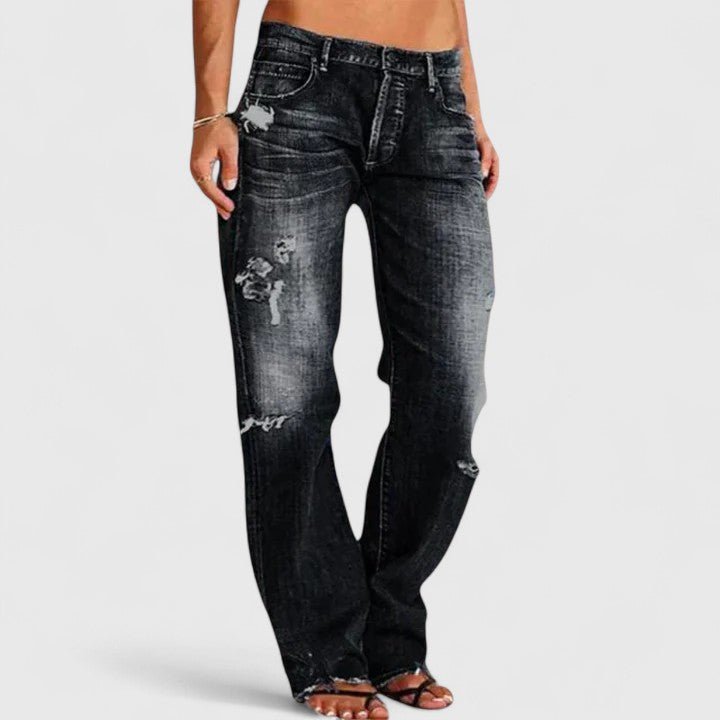 Women's Distressed Denim Jeans Mid Rise Loose Fit - Black