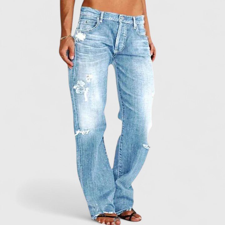 Women's Distressed Denim Jeans Mid Rise Loose Fit - Light Blue