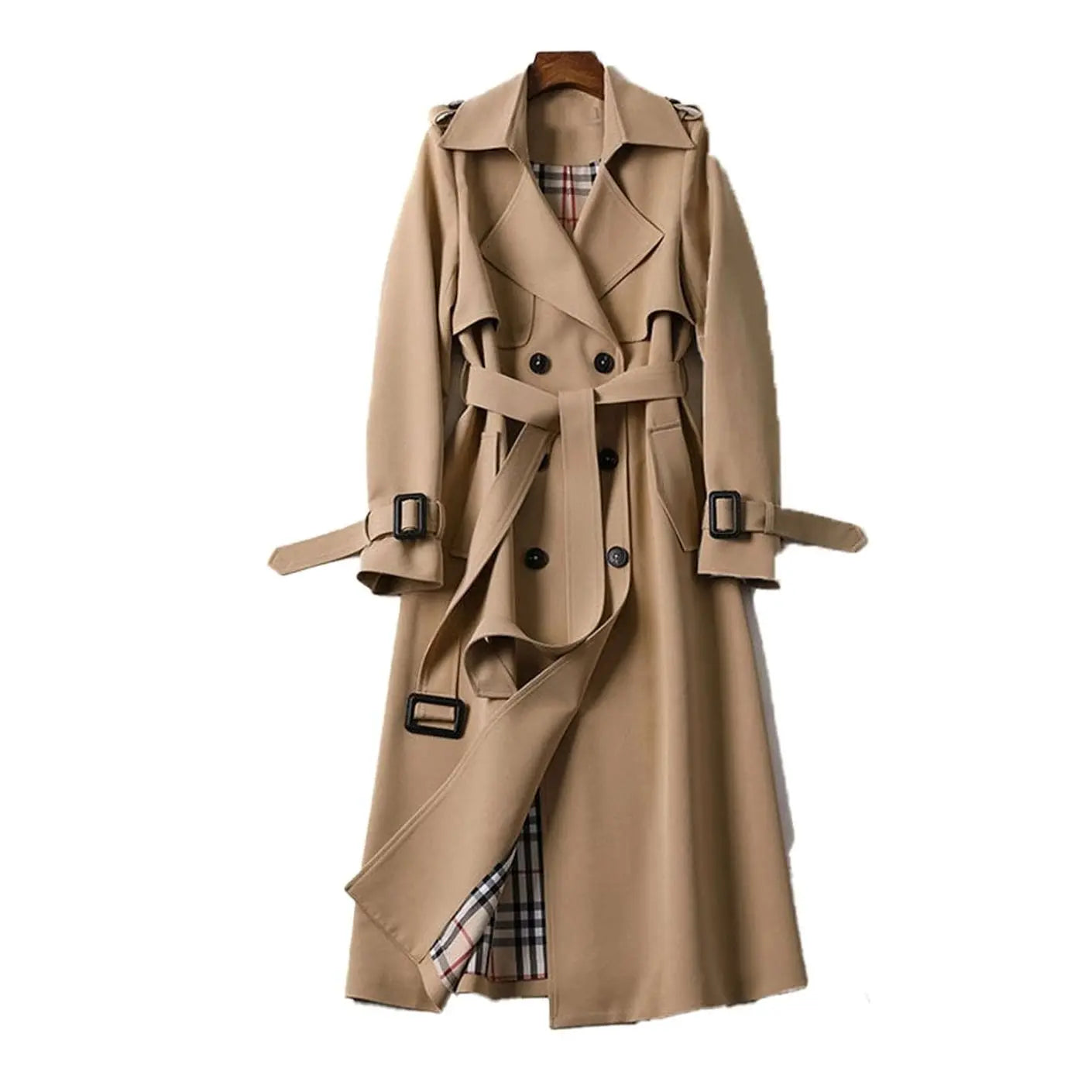 Women's Double-Breasted Belted Longline Trench Coat - Beige
