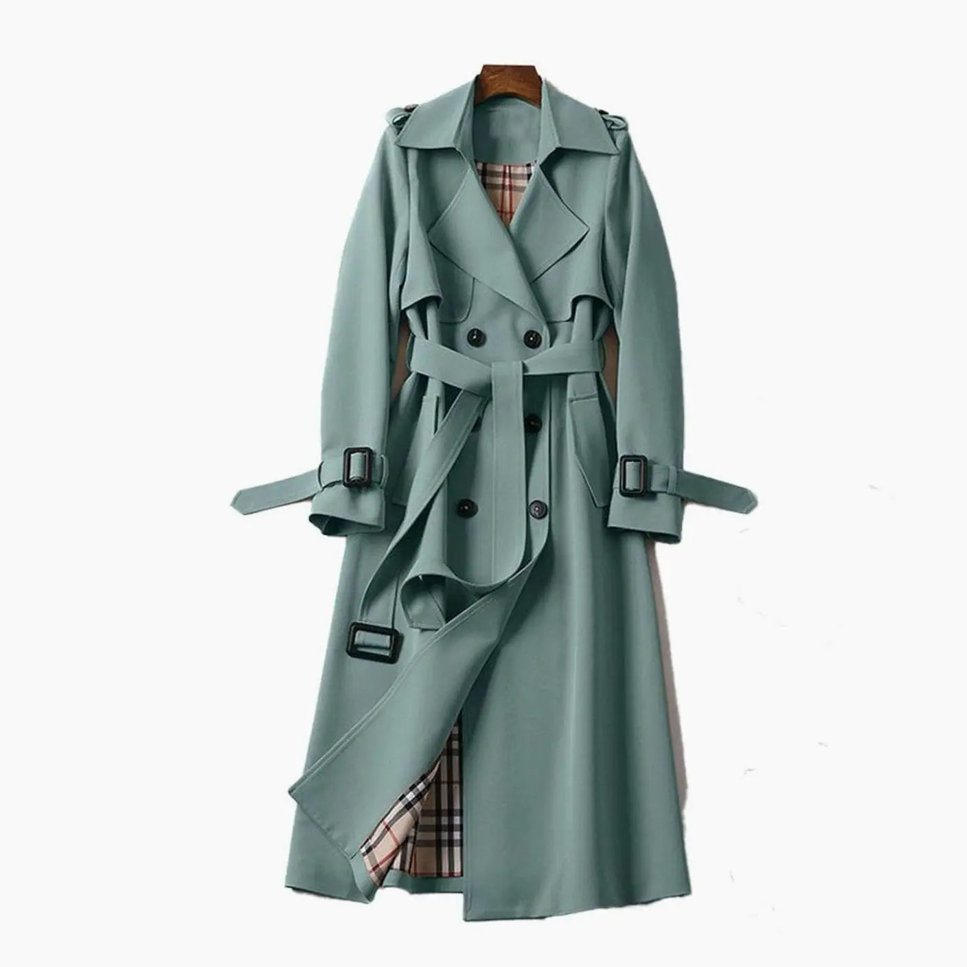Women's Double-Breasted Belted Longline Trench Coat - Green
