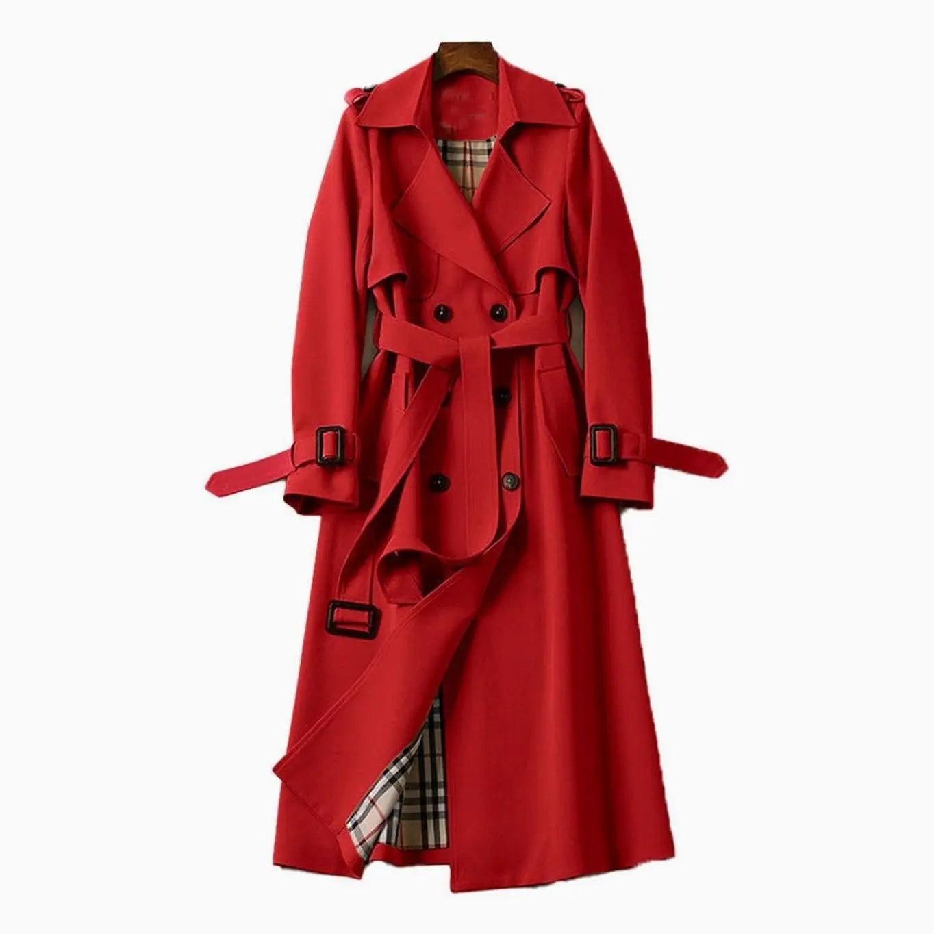 Women's Double-Breasted Belted Longline Trench Coat - Red