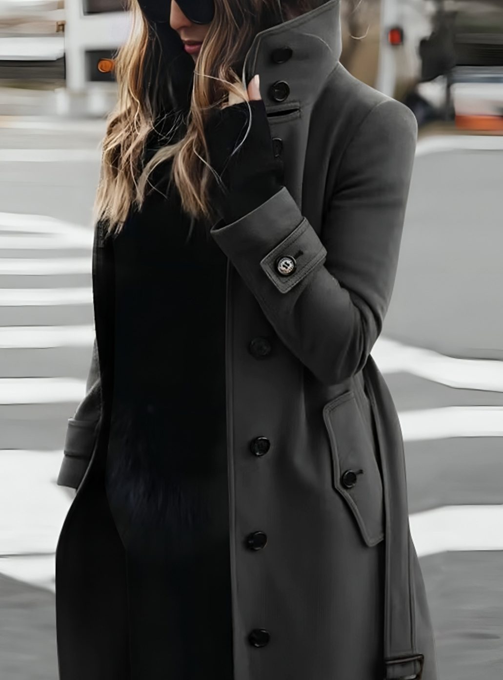 Women's Double-Breasted Belted Trench Coat High-Collar Longline - Grey