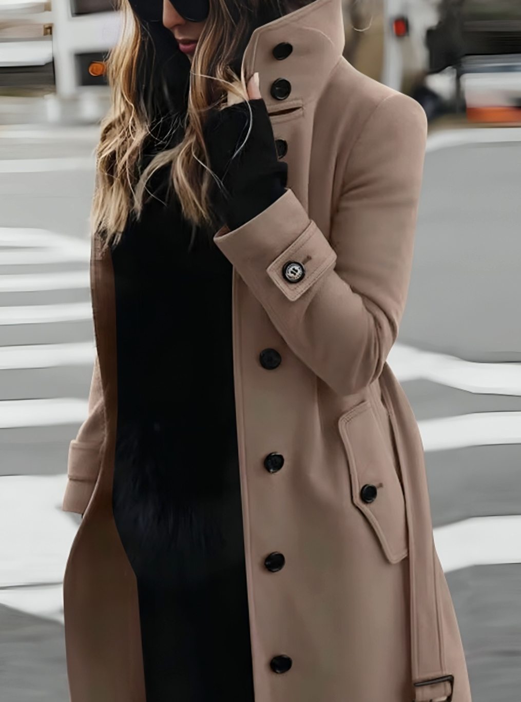 Women's Double-Breasted Belted Trench Coat High-Collar Longline - Beige