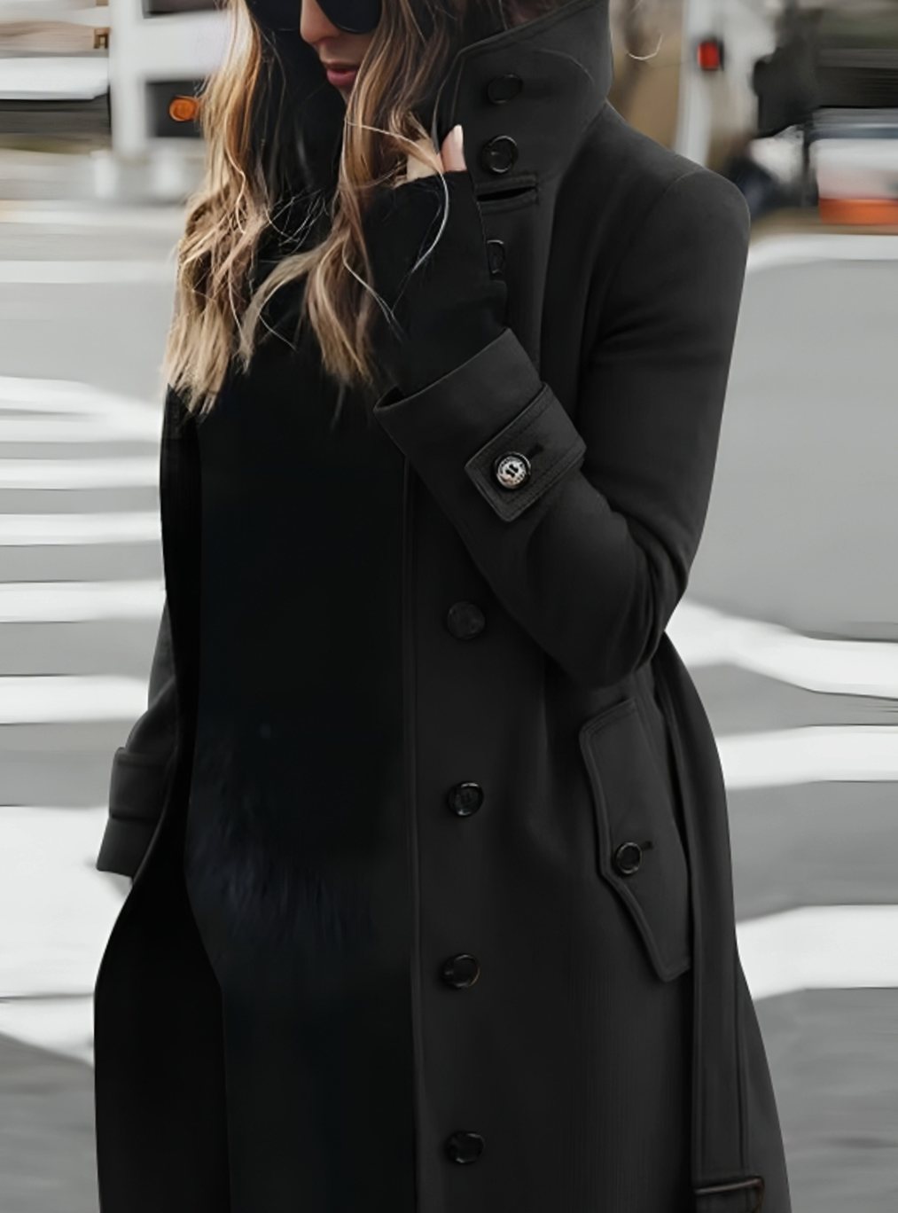 Women's Double-Breasted Belted Trench Coat High-Collar Longline - Black