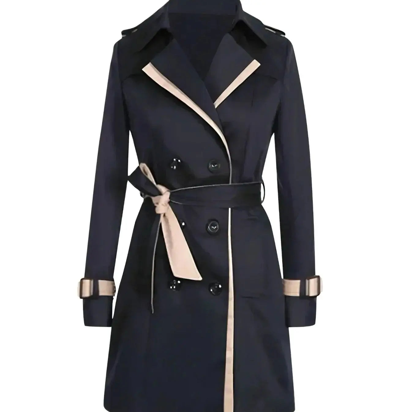 Women's Double-Breasted Belted Winter Coat Trench - Black