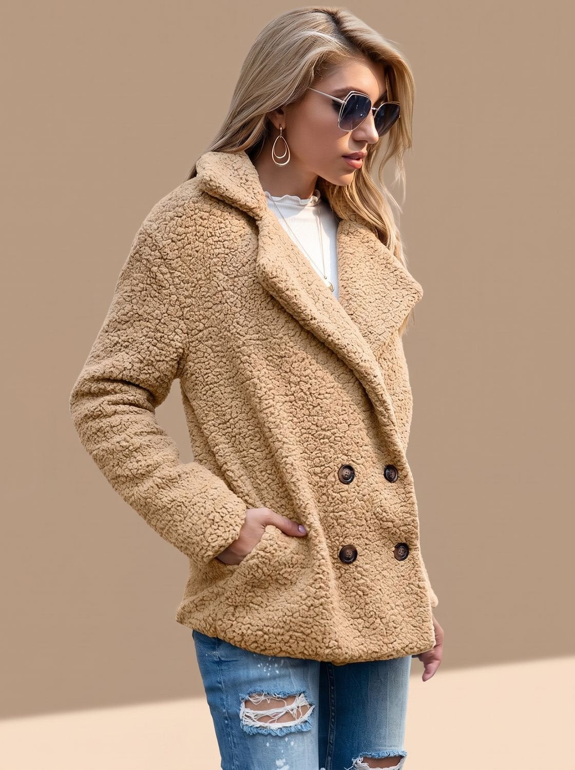 Women's Double-Breasted Faux Fur Teddy Coat Notched Lapel