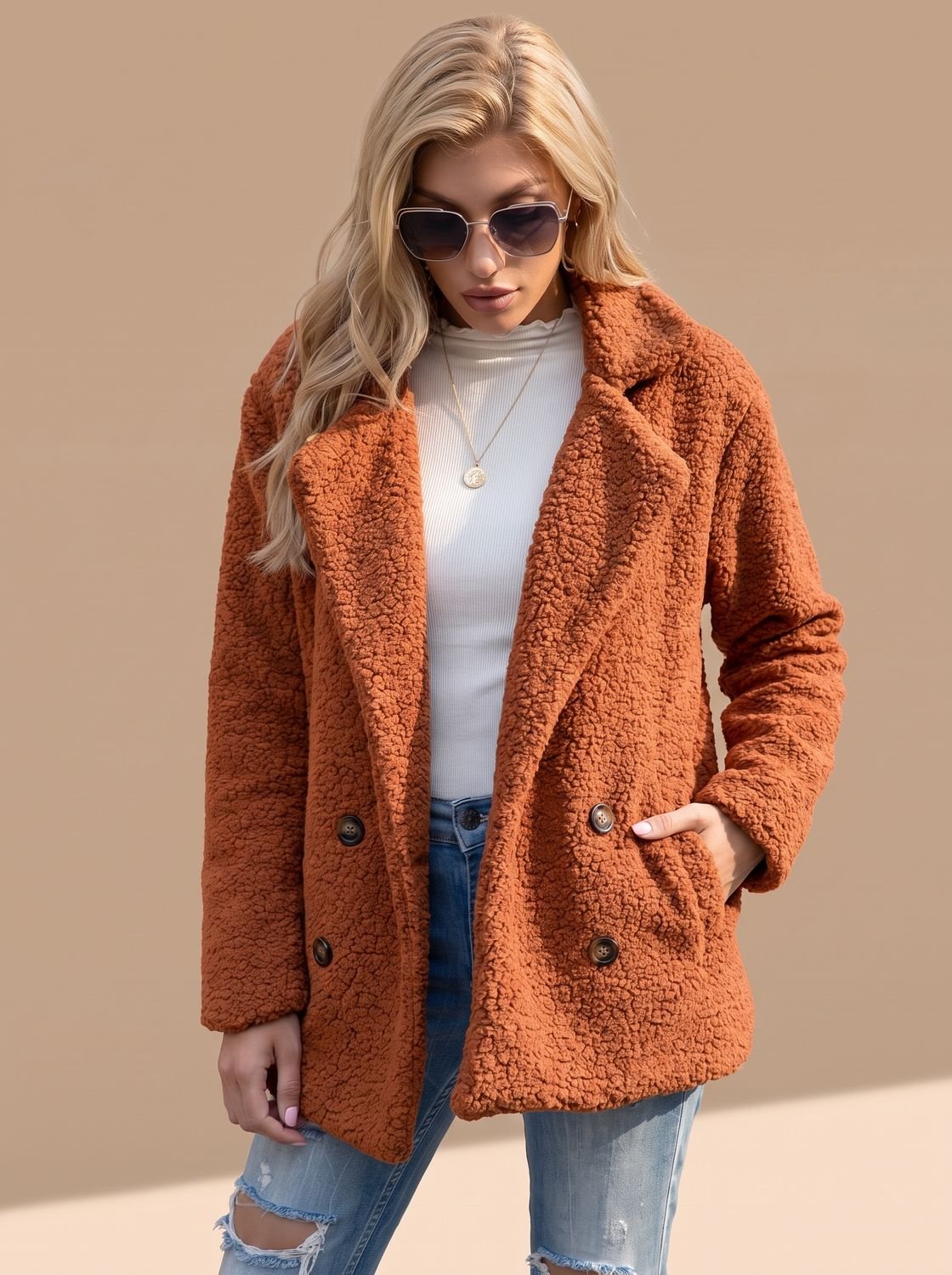 Women's Double-Breasted Faux Fur Teddy Coat Notched Lapel - Camel