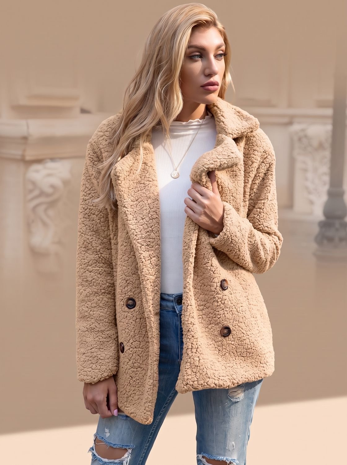 Women's Double-Breasted Faux Fur Teddy Coat Notched Lapel - Khaki
