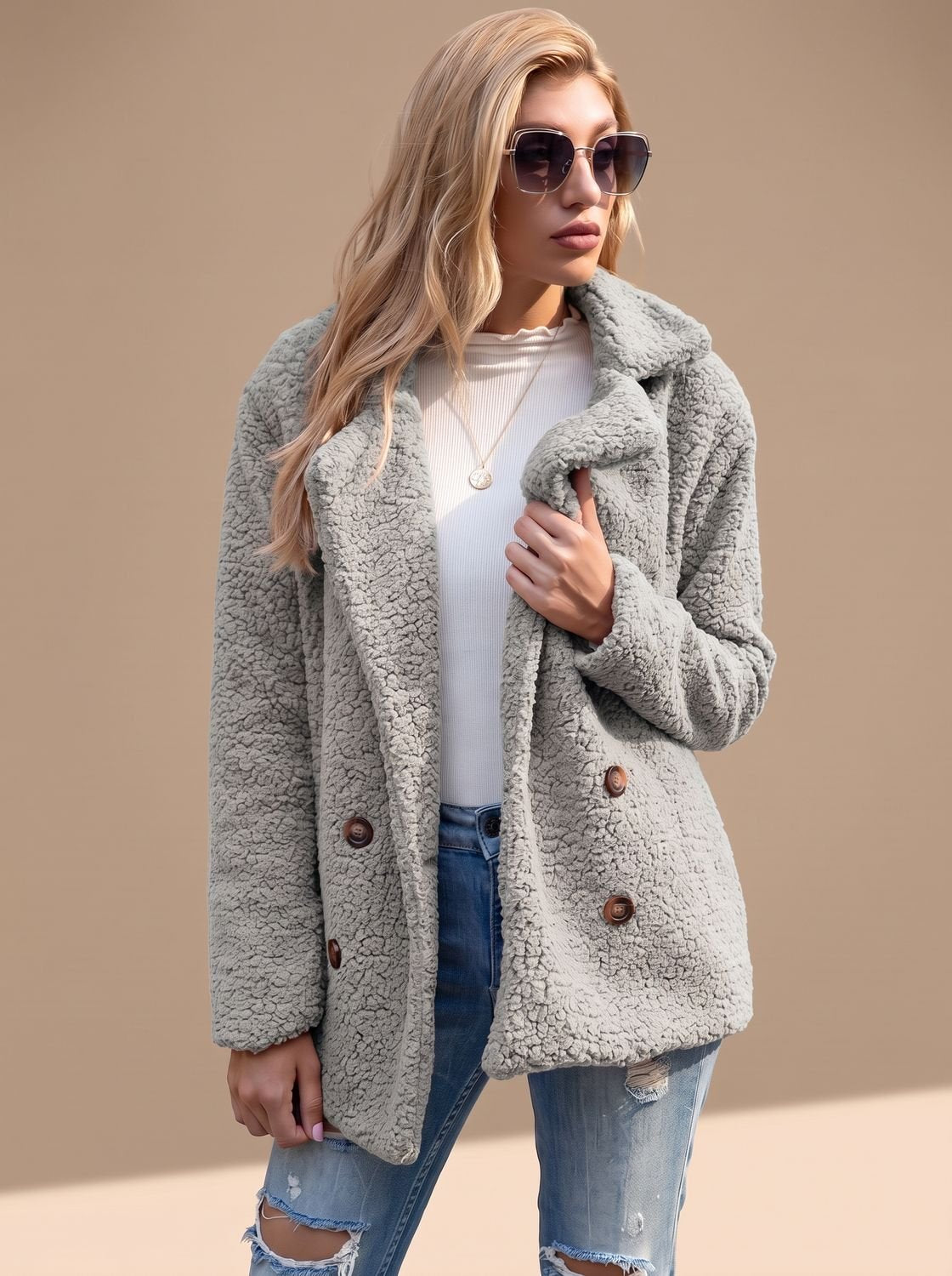 Women's Double-Breasted Faux Fur Teddy Coat Notched Lapel - Light Grey
